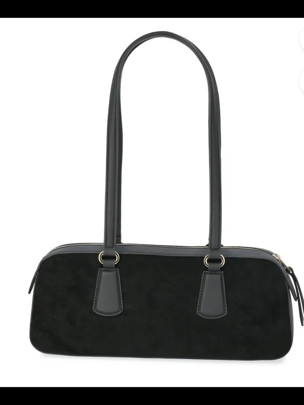 Scoop East West Faux Suede Shoulder Bag Black Gold Hardware Baguette Style